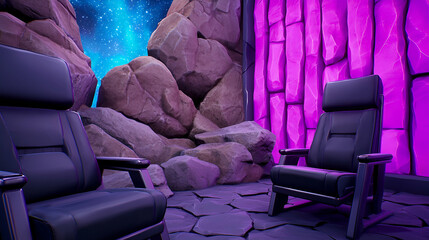 Obraz premium Futuristic Interior Design with Black Chairs and Cosmic Background in a Stylized Rock Environment
