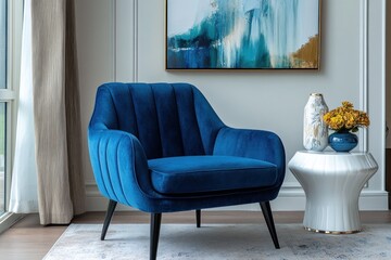 Modern, stylish blue velvet armchair in a sophisticated living room with art and decor.