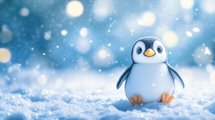 Adorable baby penguin in snowy winter wonderland