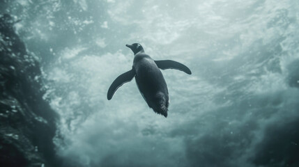 Obraz premium Penguin swimming underwater gracefully in ocean depths