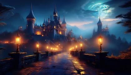 Naklejka premium A grand castle rises among glowing lanterns, shrouded in misty mountains and vivid moonlight.