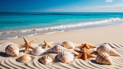 Sea treasures: shells and starfish on sandy beach by ocean