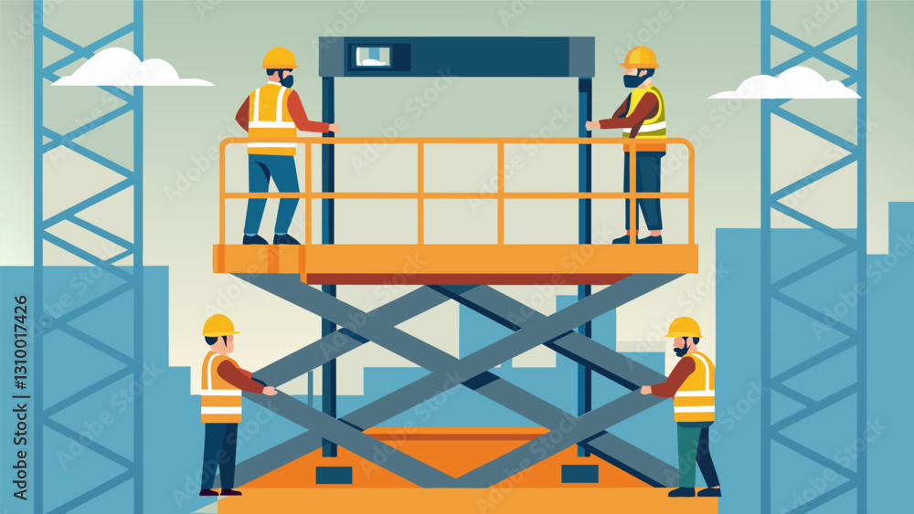 Poster workers utilizing a hydraulic lift to install temporary safety railings on upper levels of the build