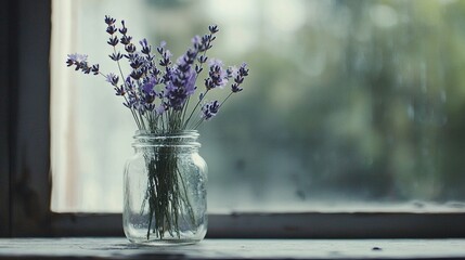   A glass jar of lavender flowers on a window sill with a window pane in the background