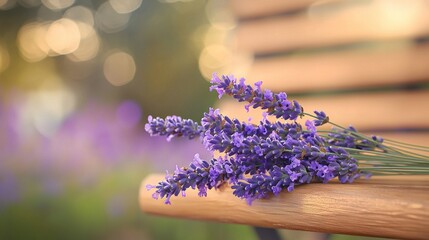 Fototapeta premium A wooden bench with lavender flowers on top sits in front of a wooden slatted bench