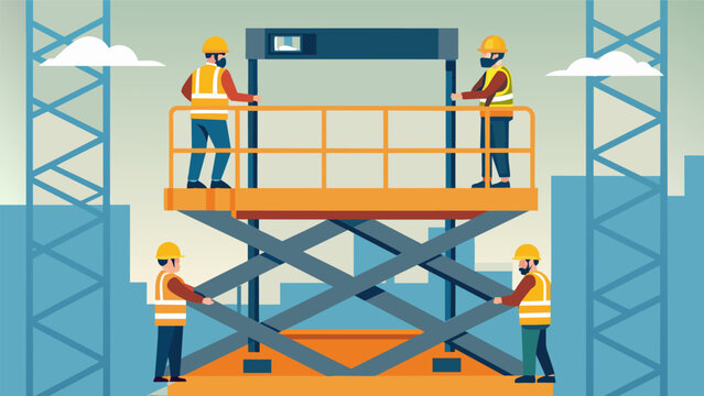 Workers utilizing a hydraulic lift to install temporary safety railings on upper levels of the building site.. Vector illustration