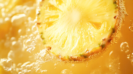 Close-up of fresh pineapple slice in fizzy bubbles