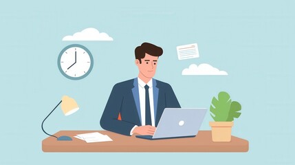 Young caucasian male professional working in office setting with laptop and desk accessories.