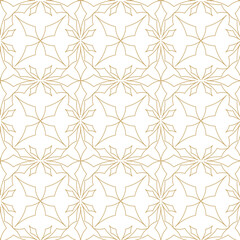 Abstract geometric pattern with squares, crosses, stripes, lines. Seamless vector background. White and gold ornament. Modern reticulated graphic design.