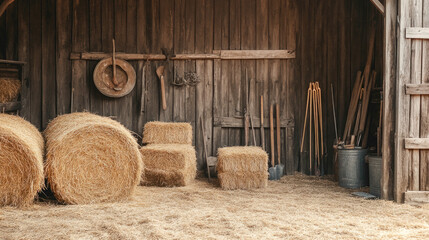 Rustic barn interior with hay bales and assorted farming tools