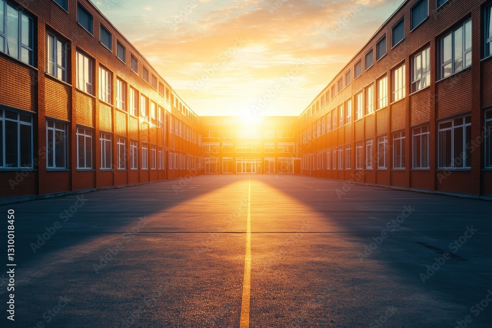 Aufkleber sunset casting warm light over vacant city buildings with a clear pathway for creative expression ge