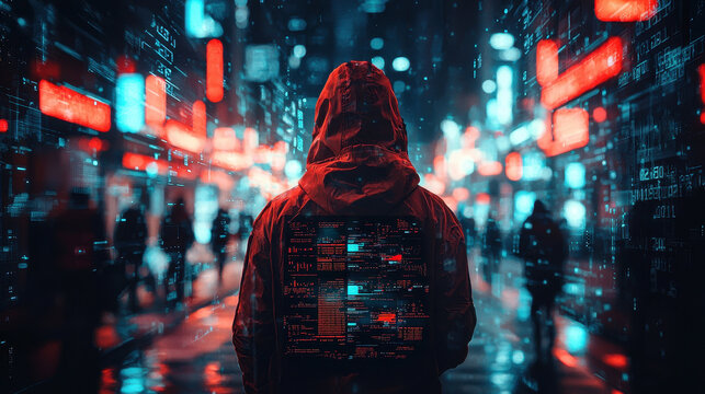 Cyber hacker breaching financial markets and igniting global trade war collapse in cyberpunk city