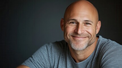 Fototapeta premium Bald caucasian male adult smiling in gray shirt against dark background.