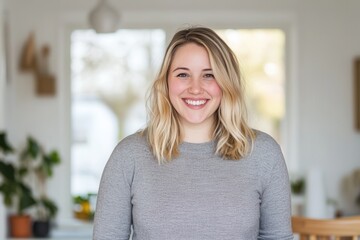 Fototapeta premium Smiling young caucasian female in casual home setting with blonde hair.