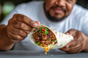 African adult male holding delicious burrito filled with fresh ingredients.