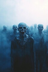 Fototapeta premium Group of zombies in foggy field