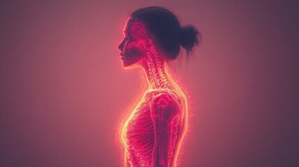 Anatomy of a Woman: Illuminated Skeletal & Nervous System with a Crimson Aura