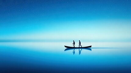 Naklejka premium Two people stand on a boat in the center of a vast blue expanse