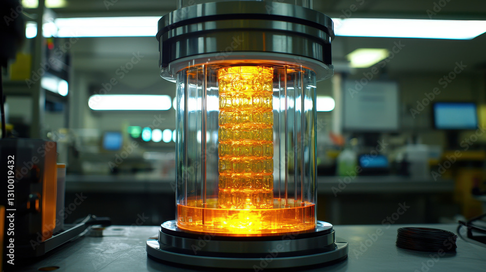 Poster high-tech machine transforming plastic bottles into 3d printing filament in a neon lab