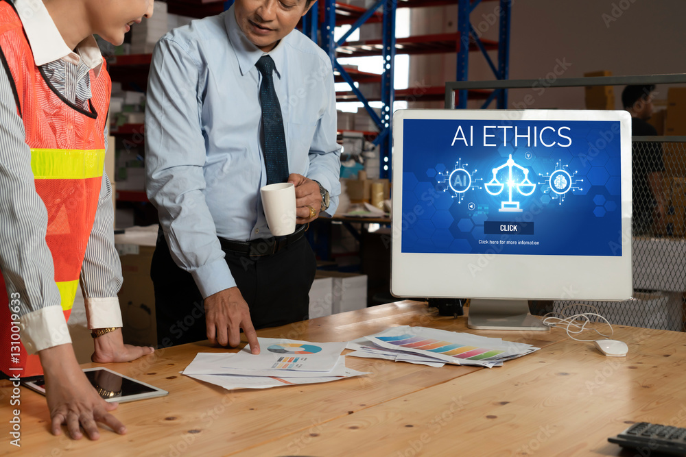 Poster ai ethics responsibility standard law and rules on computer screen provide report of ai ethic transp