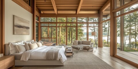 Bedroom with large windows overlooking a serene forested landscape view