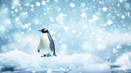 Obraz premium Emperor penguin on ice amidst falling snowflakes in antarctic landscape