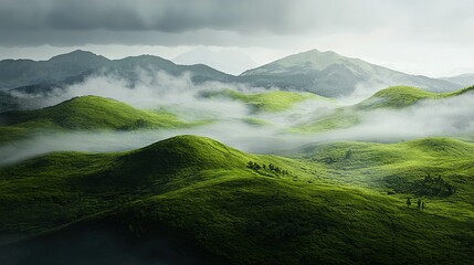  A panoramic view of lush green grassy hills with low-lying clouds in the foreground and a few tree silhouettes framing the scene (