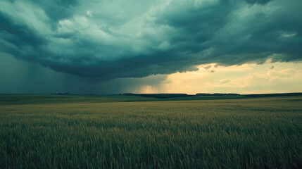 Obraz premium Dramatic storm clouds over expansive wheat field at sunset