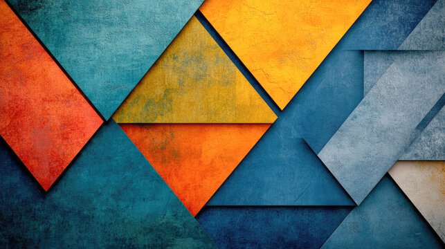 Colorful geometric abstract art with bold triangles and textured surfaces