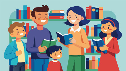 A family laughing and chatting together as they browse through shelves each member finding soing to add to their own reading list.. Vector illustration