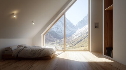 Modern mountain chalet bedroom with panoramic mountain views.  A cozy, minimalist bedroom with large windows showcasing stunning alpine scenery, perfect for relaxation and contemplation..