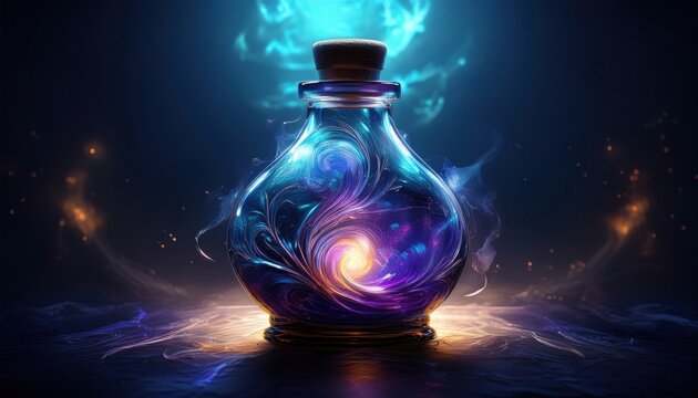 A glowing potion swirls in a decorative bottle, shining bright colors in the dark.
