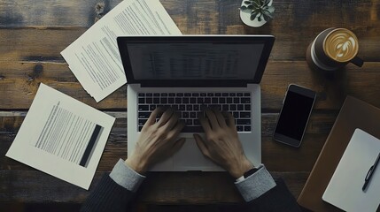 A man is typing on a laptop with a cup of coffee next to him