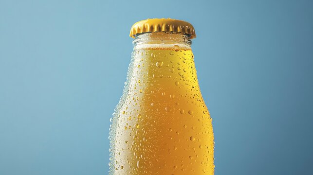 A bottle of beer with a yellow cap and a blue background