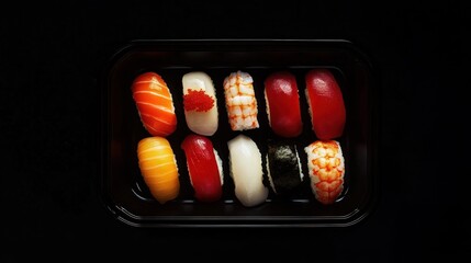 Assortment of nigiri sushi in a black takeaway container against a dark background, perfect for a quick and delicious meal