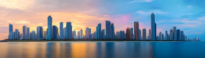 Fototapeta premium A stunning panoramic view of a city skyline at sunset, showcasing a blend of modern skyscrapers reflecting vibrant hues on the water, perfect for travel and urban lifestyle themes.