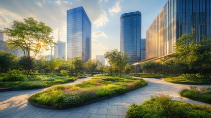 Urban Oasis: Green Space in Modern Cityscape with Towering Buildings and Blue Sky at Sunset