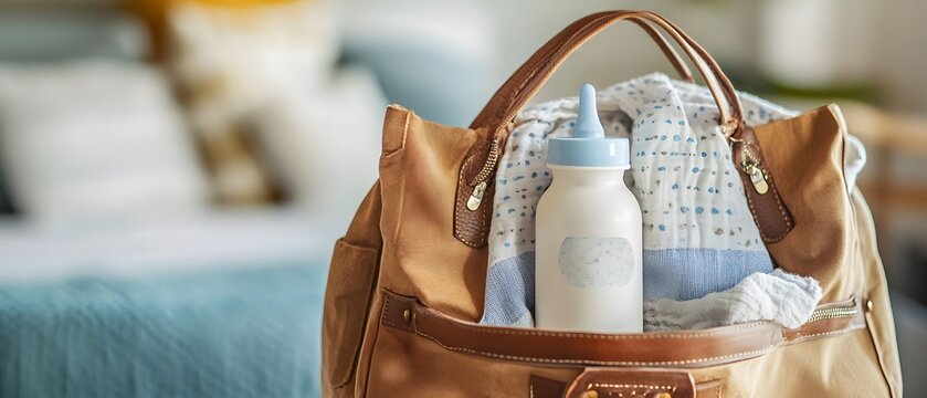 A stylish baby diaper bag featuring a baby bottle and a soft blanket, perfect for parents on the go. The cozy setting highlights modern parenting essentials and comfort.