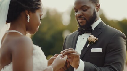 Intimate moment of an African American couple exchanging wedding rings at their outdoor ceremony