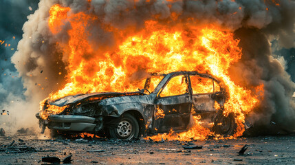 Obraz premium Burning car in intense flames and smoke explosion