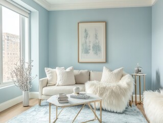 A stylish living room displays modern furniture and decor arrangements
