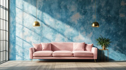 Modern, stylish living room with a pink velvet sofa, light, and a teal wall.  Sunlight casts shadows on the wall.