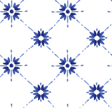 Hand painted watercolor flower like Moroccan scroll ornamental allover seamless tile pattern in repeat.