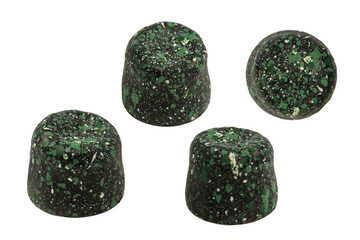 Chocolate candies in the form of precious stones, with marble texture, isolated on a white background.