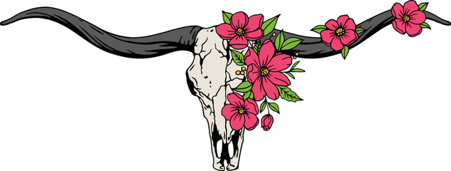 Texas longhorn vector illustration. Longhorn skull with flowers, clipart. Silhouette Texas Longhorn. Bull Head Logo Icon.
