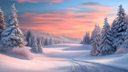 A serene snowy landscape featuring silhouetted trees. 