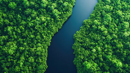 Aerial view of serene river flowing through dense green forest