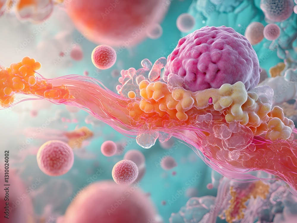 Poster an intricate digital illustration depicting a microscopic view of biological cells engaged in activi