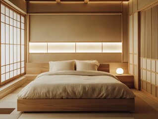 A well lit minimalist bedroom with a wooden bed frame