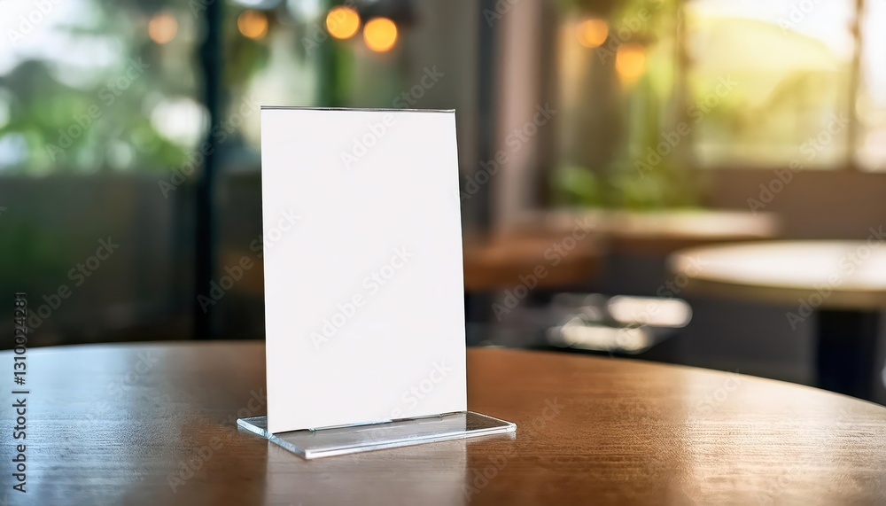 Poster elegant acrylic tent card displayed on cafe table, offering versatile space for text and design elem